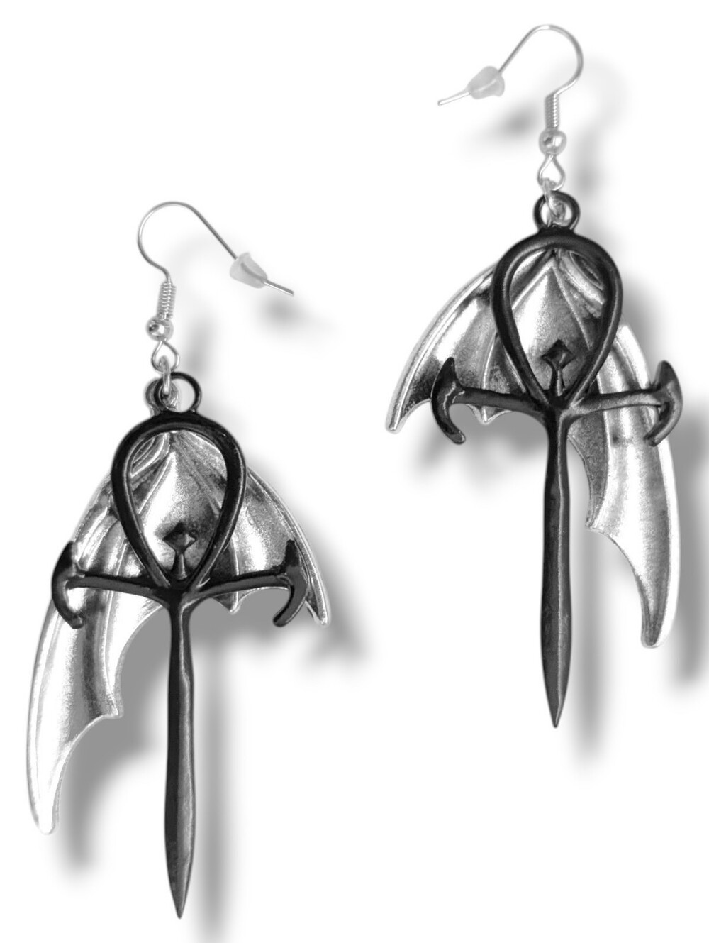 NWT Handmade Large Silver Bat Wing and Black Ankh Earrings